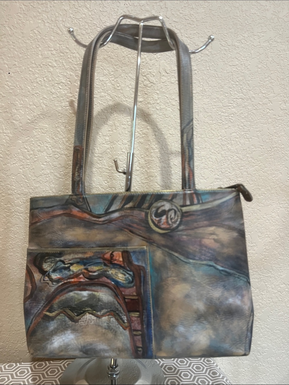 Hand-Painted Multicolor Leather Tote Bag - Women's Shoulder Bag